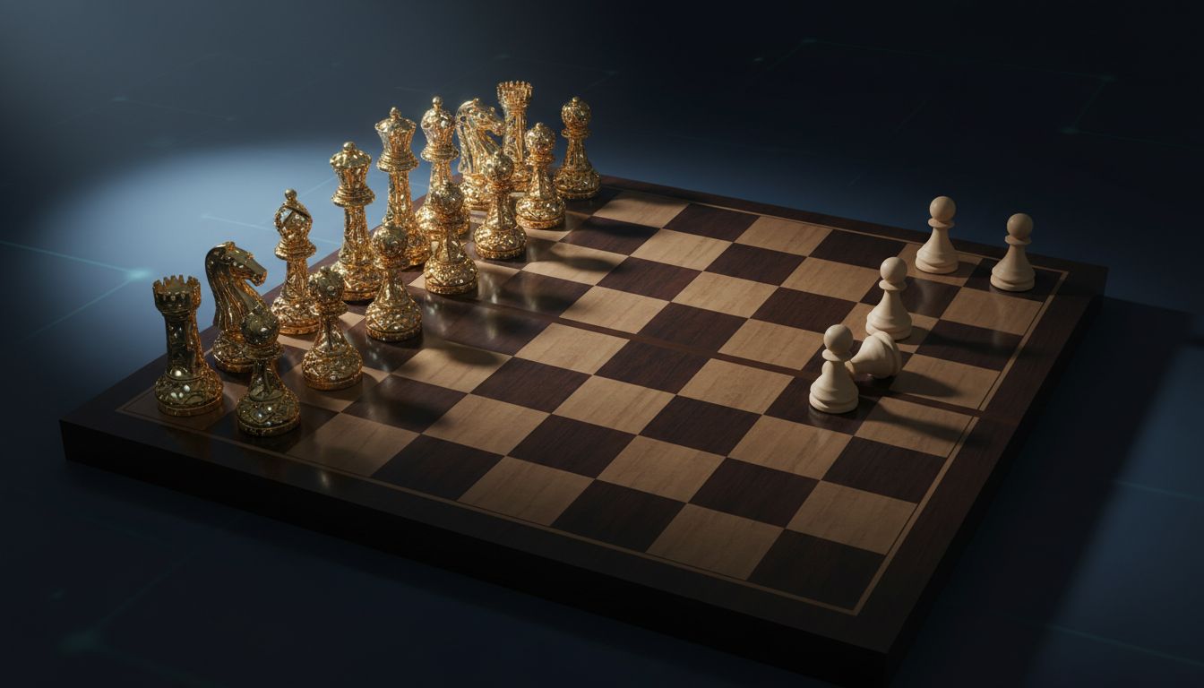 Chess board showing asymmetric pieces representing unequal power dynamics in patent battles between corporations and startups