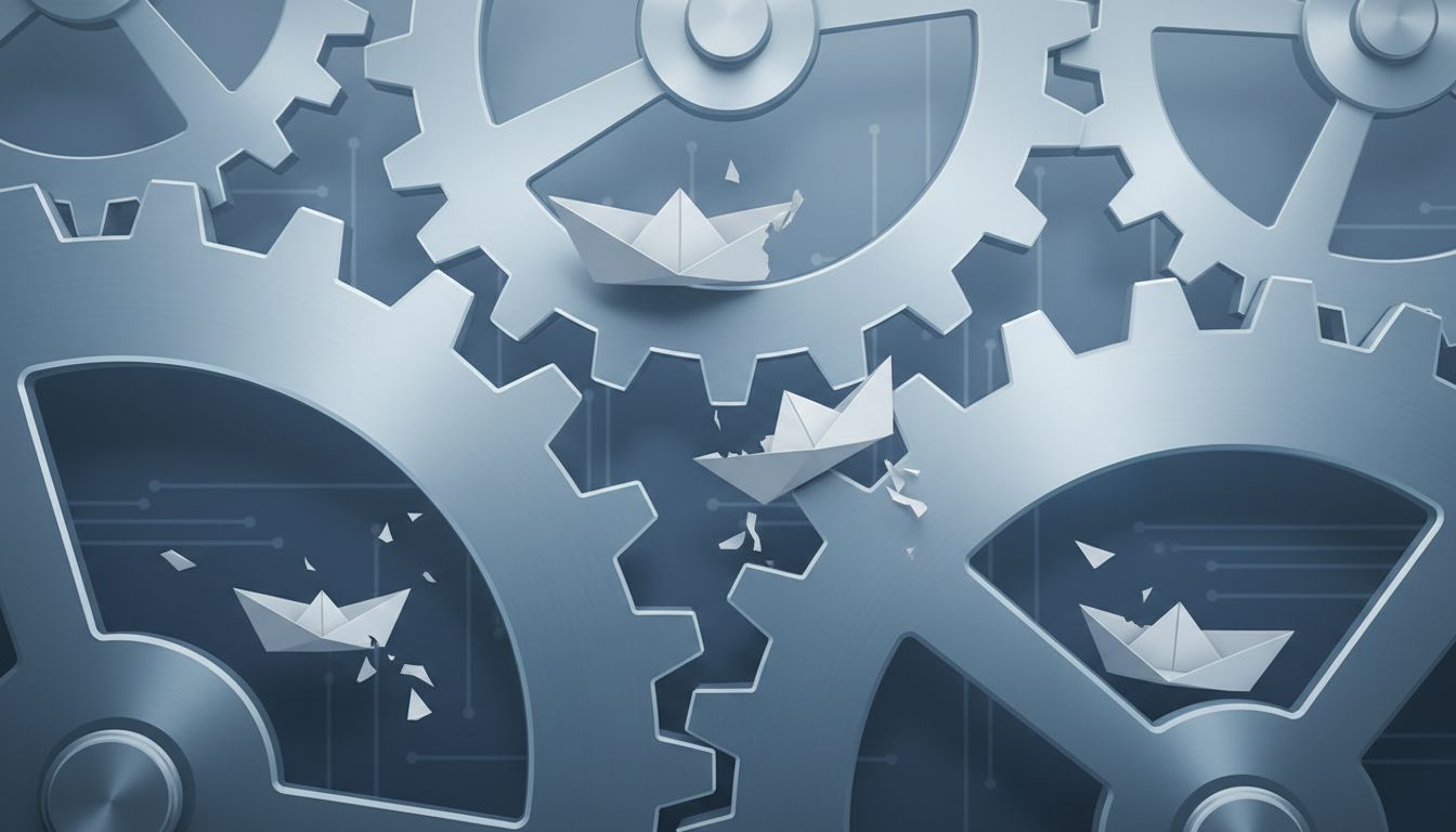 Industrial gears crushing small paper boats, illustrating how patent systems grind down smaller startup competitors