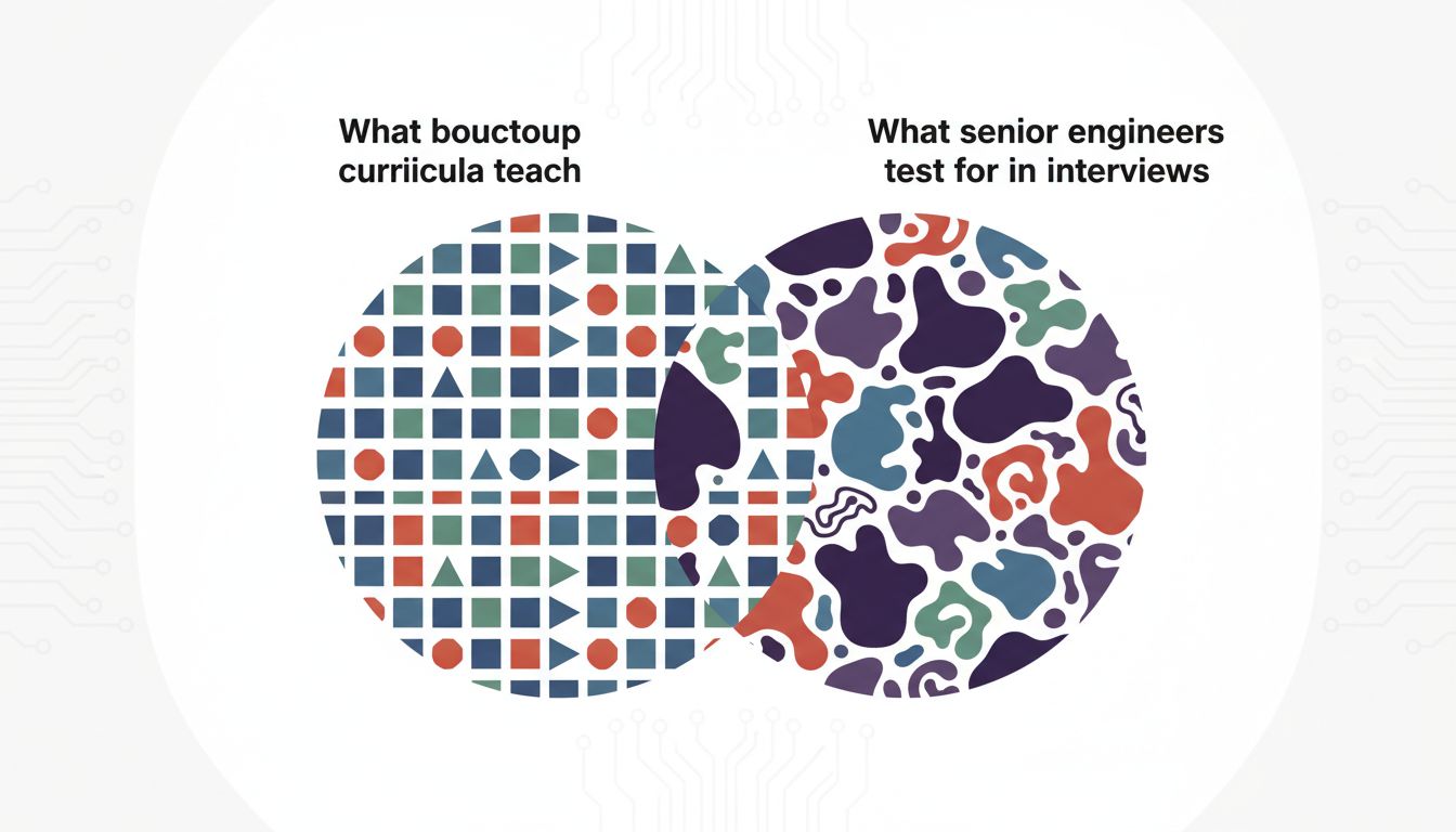 Diagram showing the small overlap between what bootcamps teach and what technical interviews actually evaluate