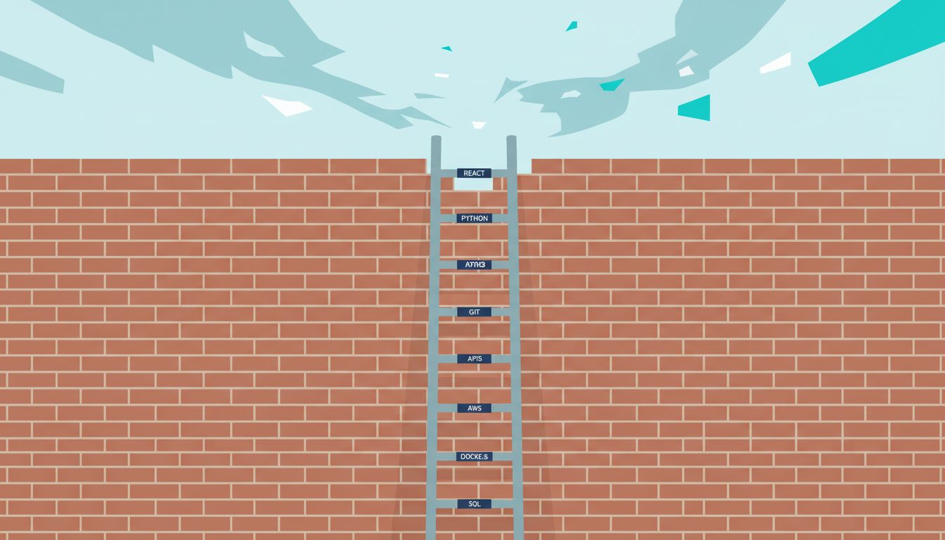 Illustration of a ladder that stops short of the top of a wall, representing the gap between bootcamp skills and professional expectations