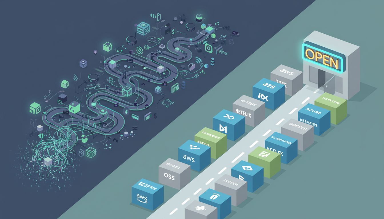 Two paths illustration showing complex cutting-edge architecture versus simple boring technology leading to a successful product launch