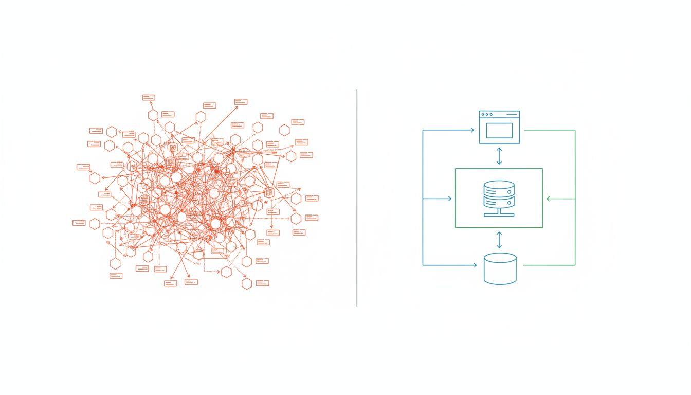 Comparison diagram of complex microservices architecture versus simple three-tier web application architecture