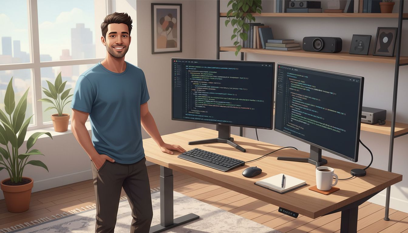 Developer confidently working with a clean, simple codebase on dual monitors in a well-lit office