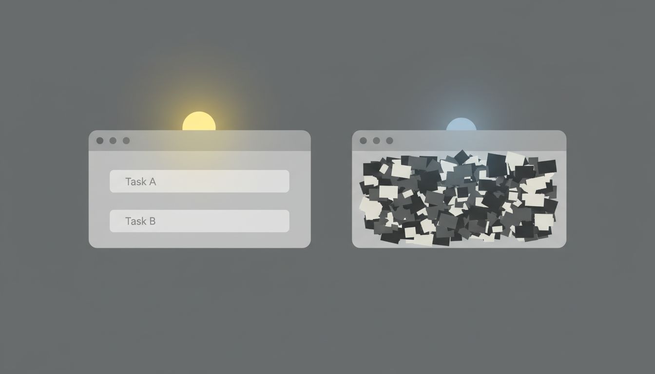 Side by side comparison of a single focused browser window versus a chaotic multi-tab window