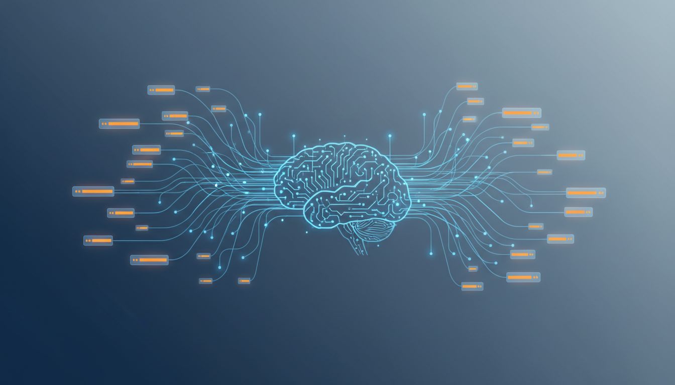 Illustration of a brain connected to dozens of browser tabs by thin glowing threads, representing cognitive load