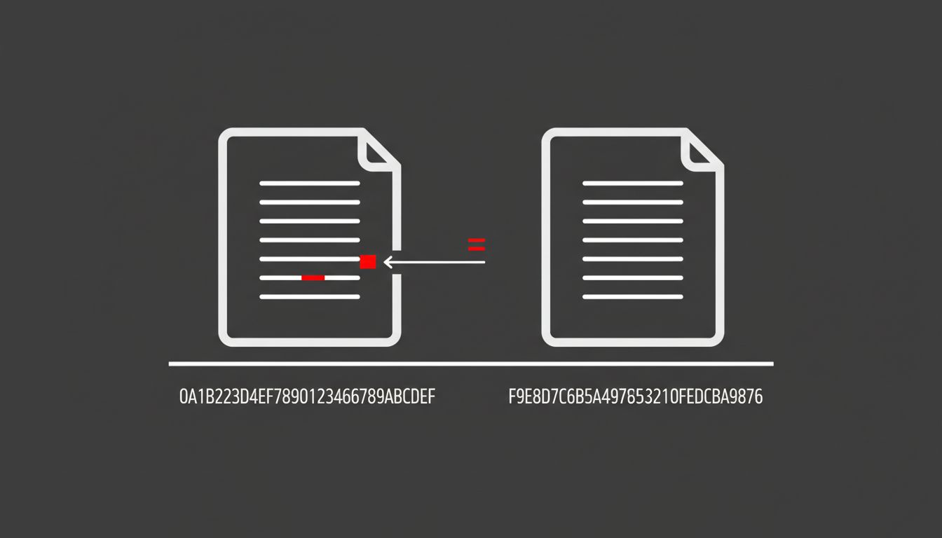 Diagram showing how a single byte change produces a completely different SHA-256 hash