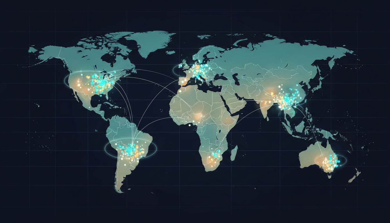 Global map showing data center locations overlaid with economic growth indicators across Southeast Asia, Eastern Europe, and South America