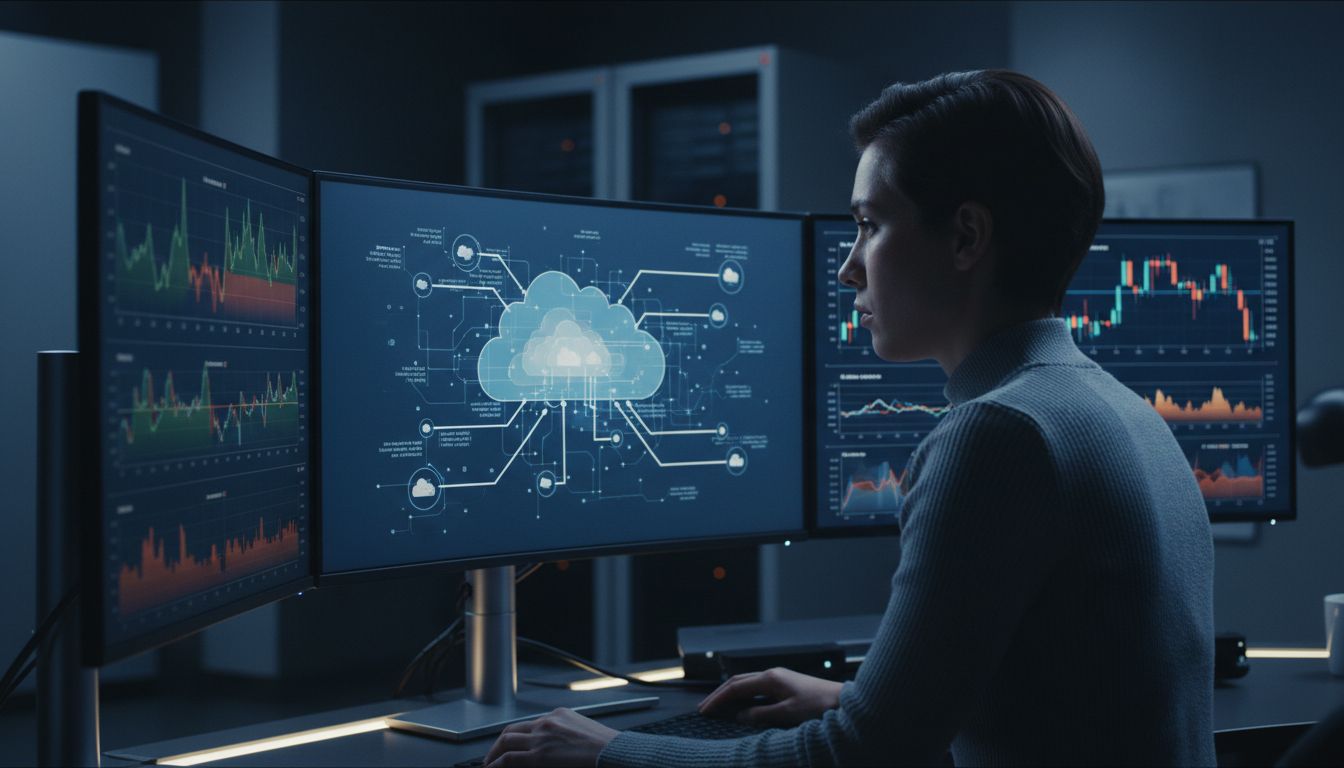 Data analyst reviewing cloud infrastructure maps and economic forecast overlays on multiple monitors