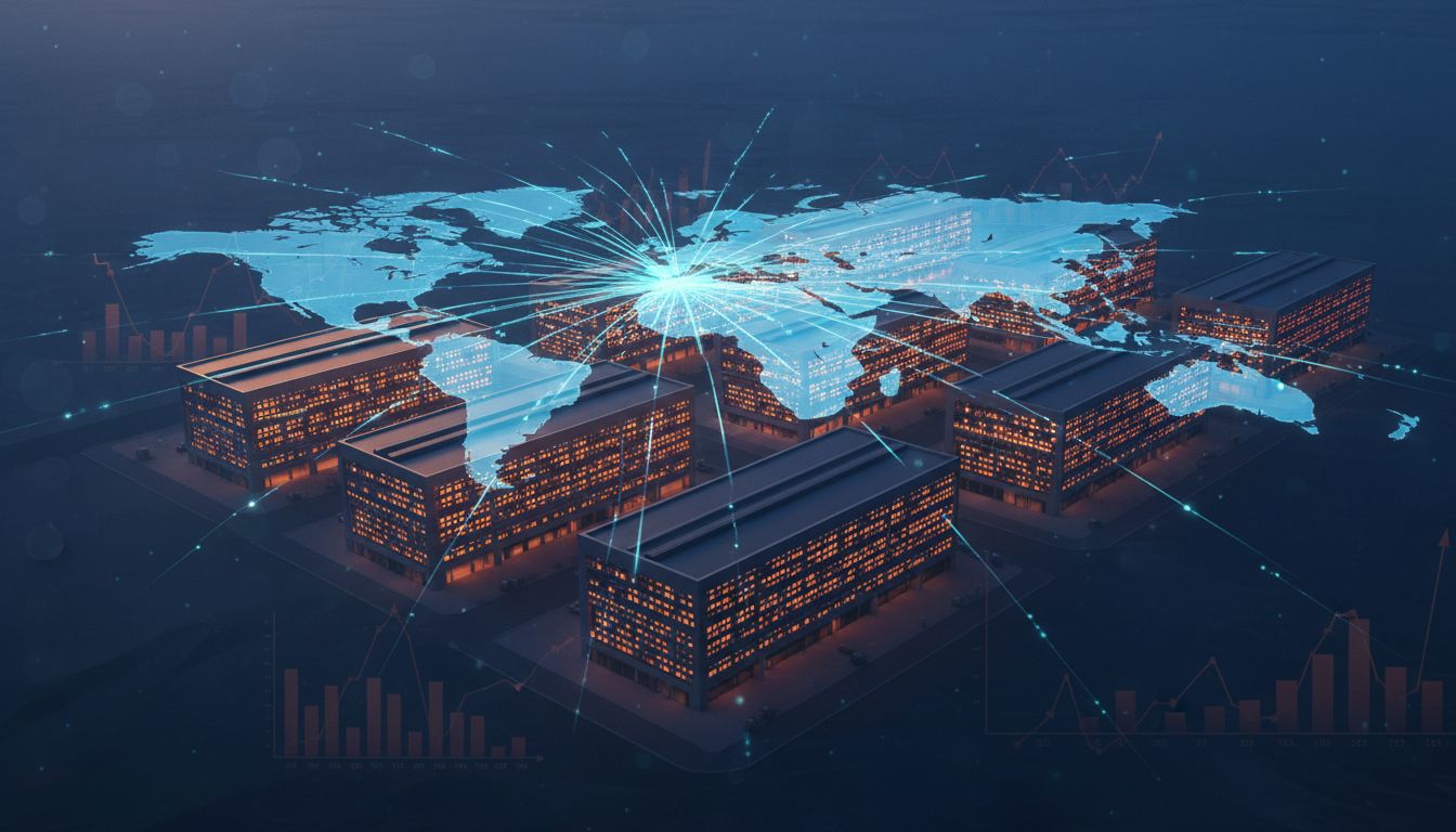 Aerial view of a data center campus with global network connection lines overlaid on a world map