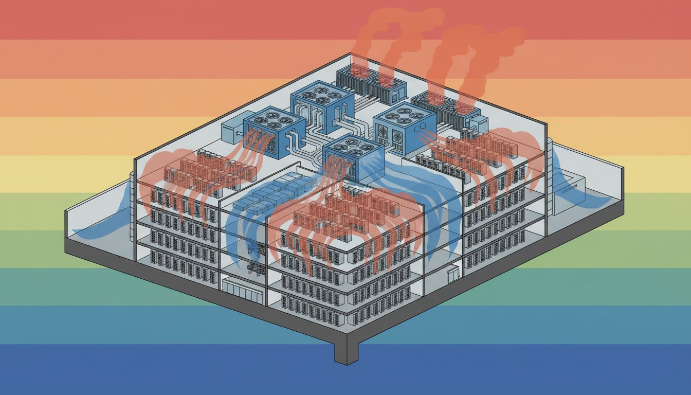 Cross-section diagram of data center thermal management and external temperature interaction