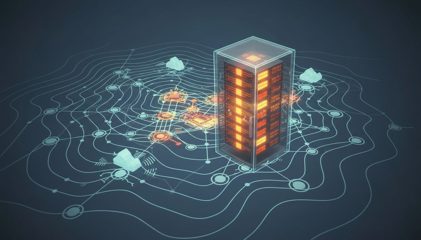 Weather pattern map merging with server network diagram showing demand prediction