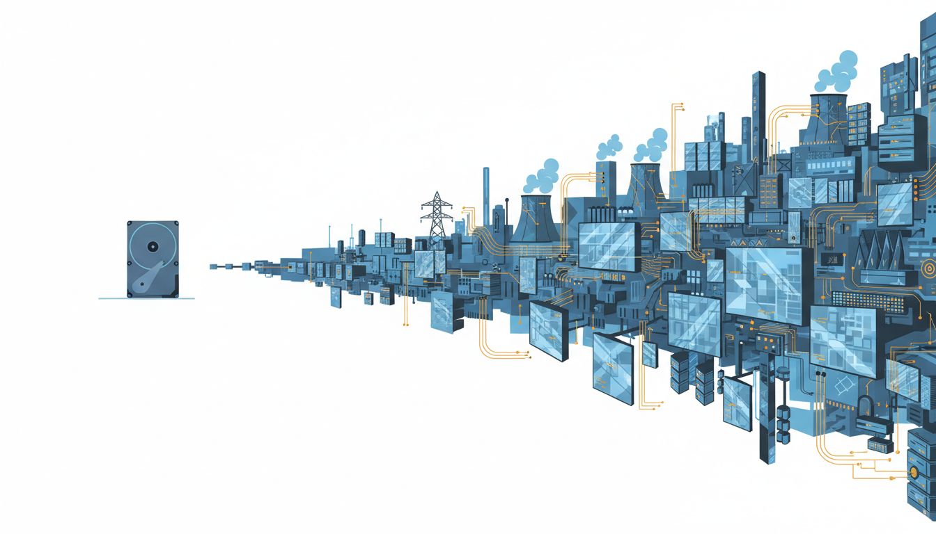 A single hard drive dwarfed by the complex infrastructure surrounding cloud storage