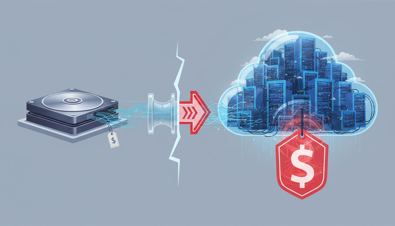 Illustration showing cheap data inflow versus expensive egress pricing in cloud storage