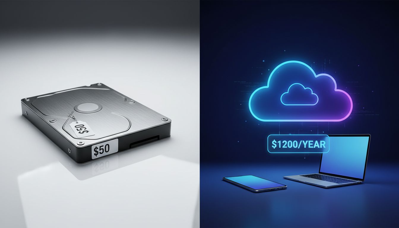 Physical hard drive versus cloud storage cost comparison visual