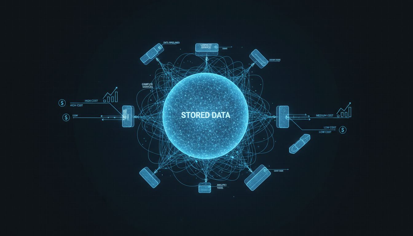 Data gravity diagram showing compute services orbiting a central data mass with increasing egress costs at greater distances