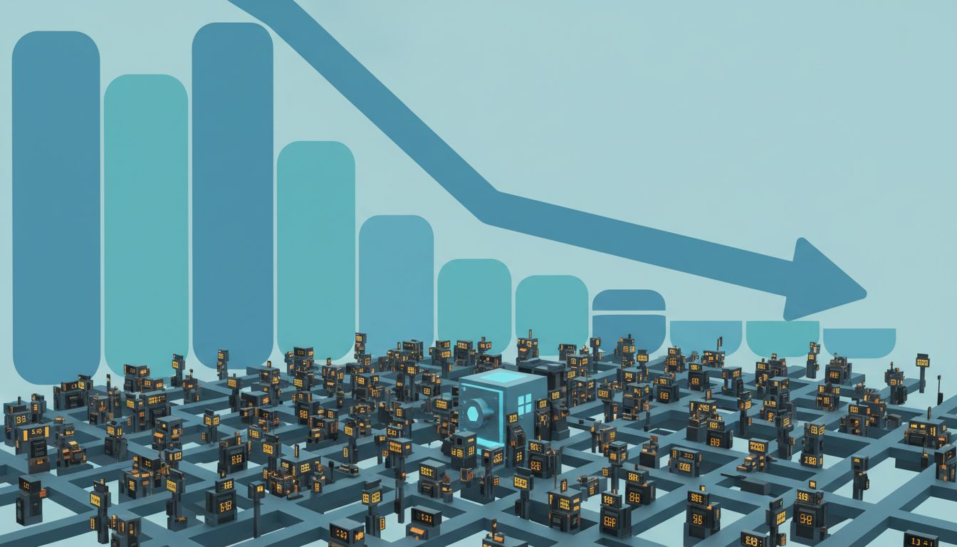 A falling price curve above a maze of toll booths and billing meters surrounding a data vault