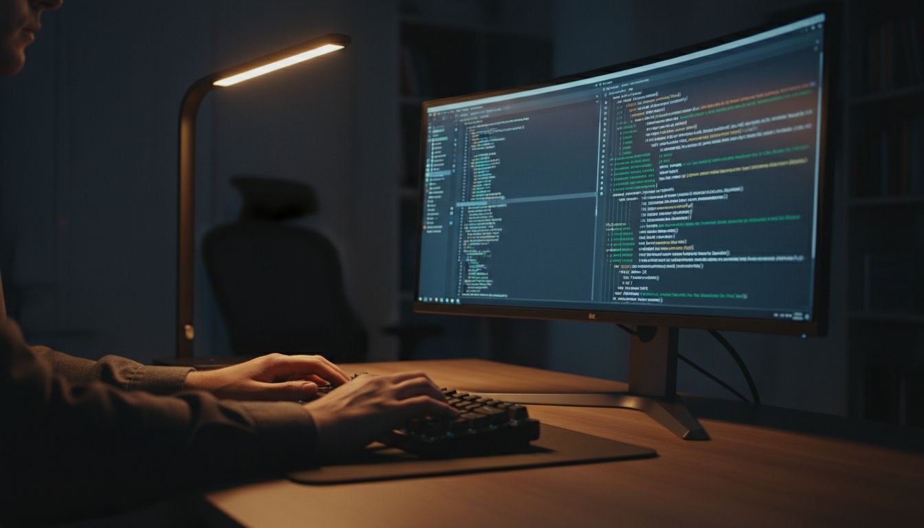 Developer writing annotated code with comments visible in a dark-mode code editor
