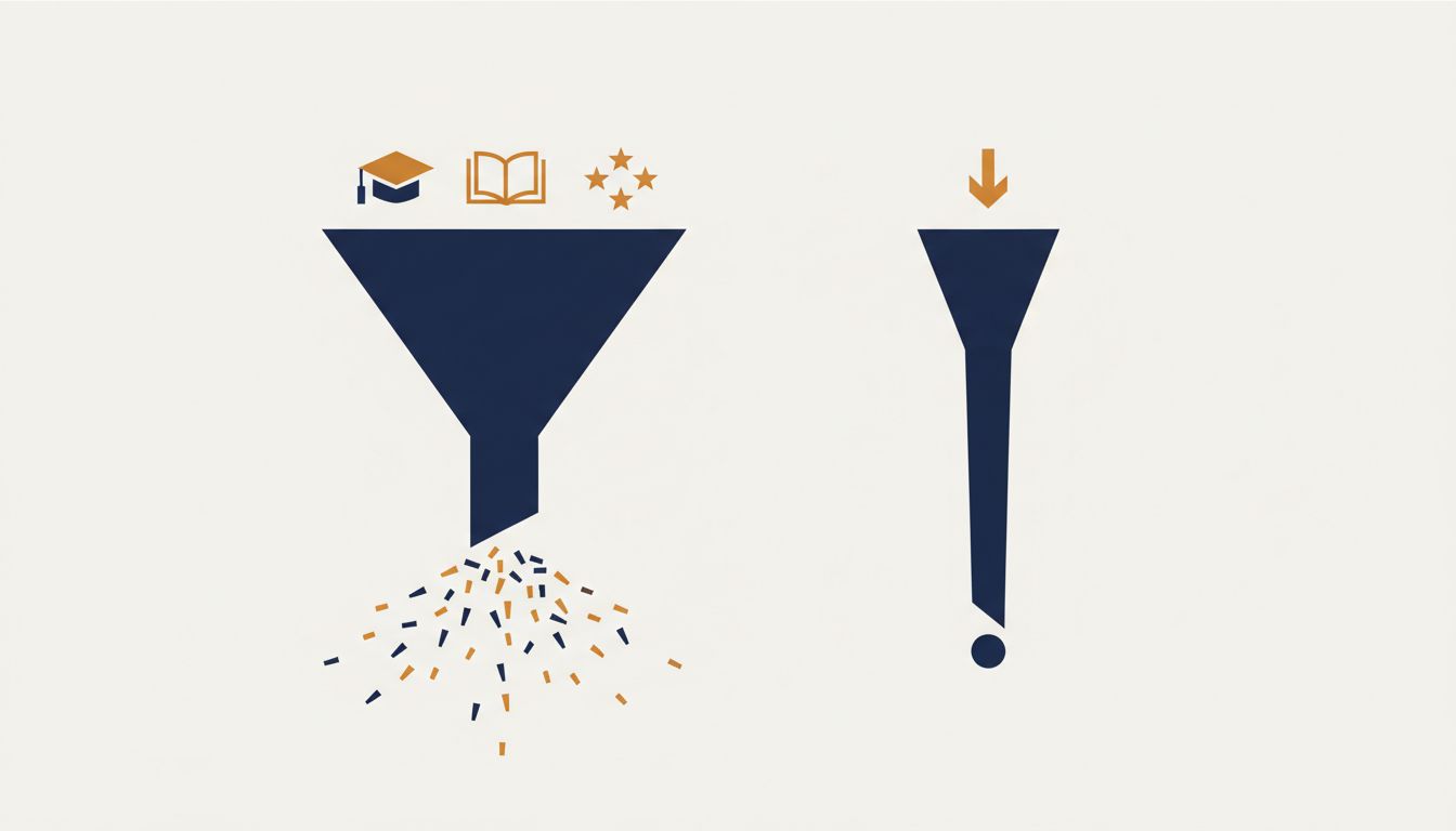 Diagram comparing broad university graduate dispersal with narrow bootcamp pipeline focus
