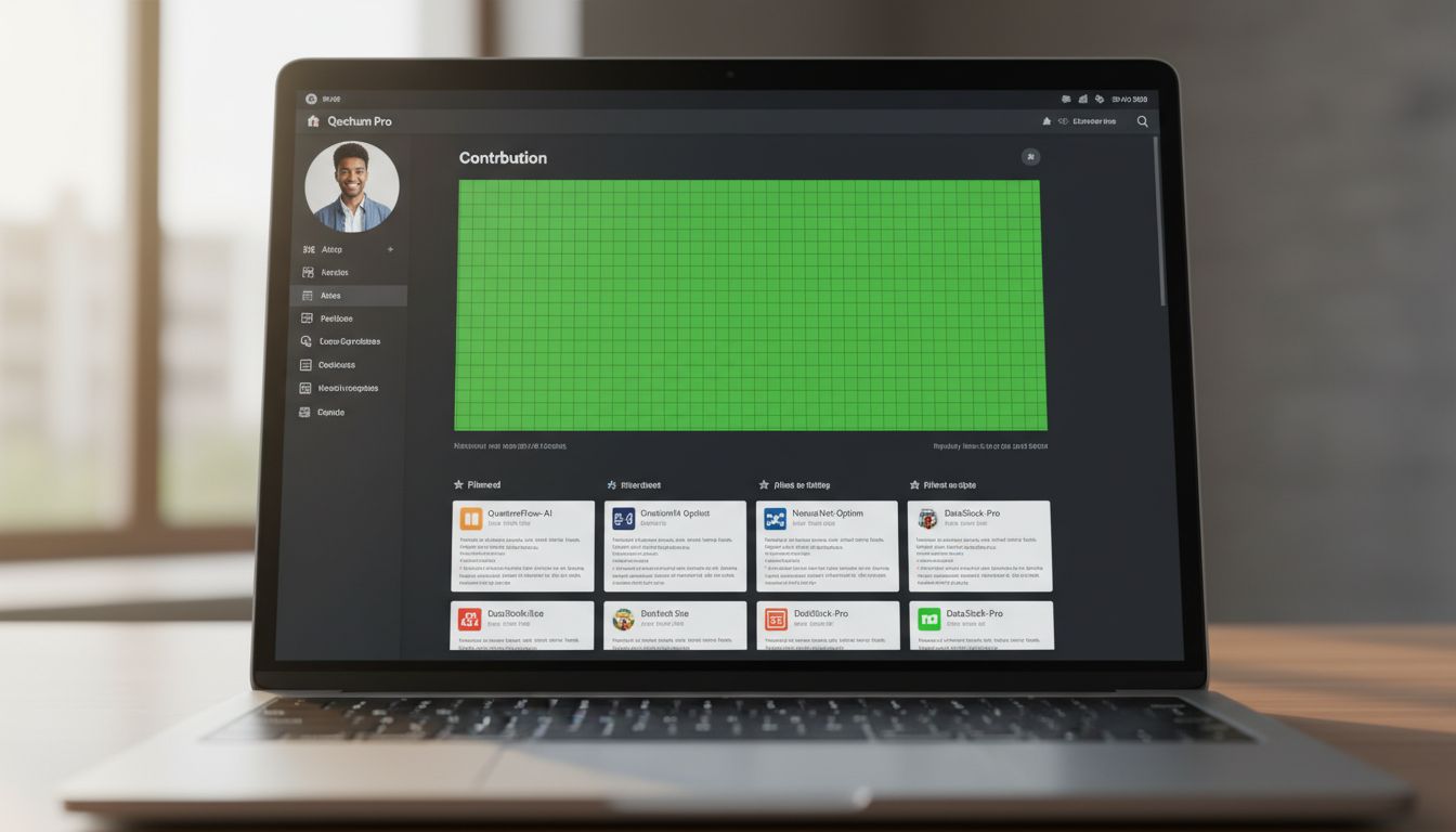A polished GitHub developer portfolio on a laptop screen