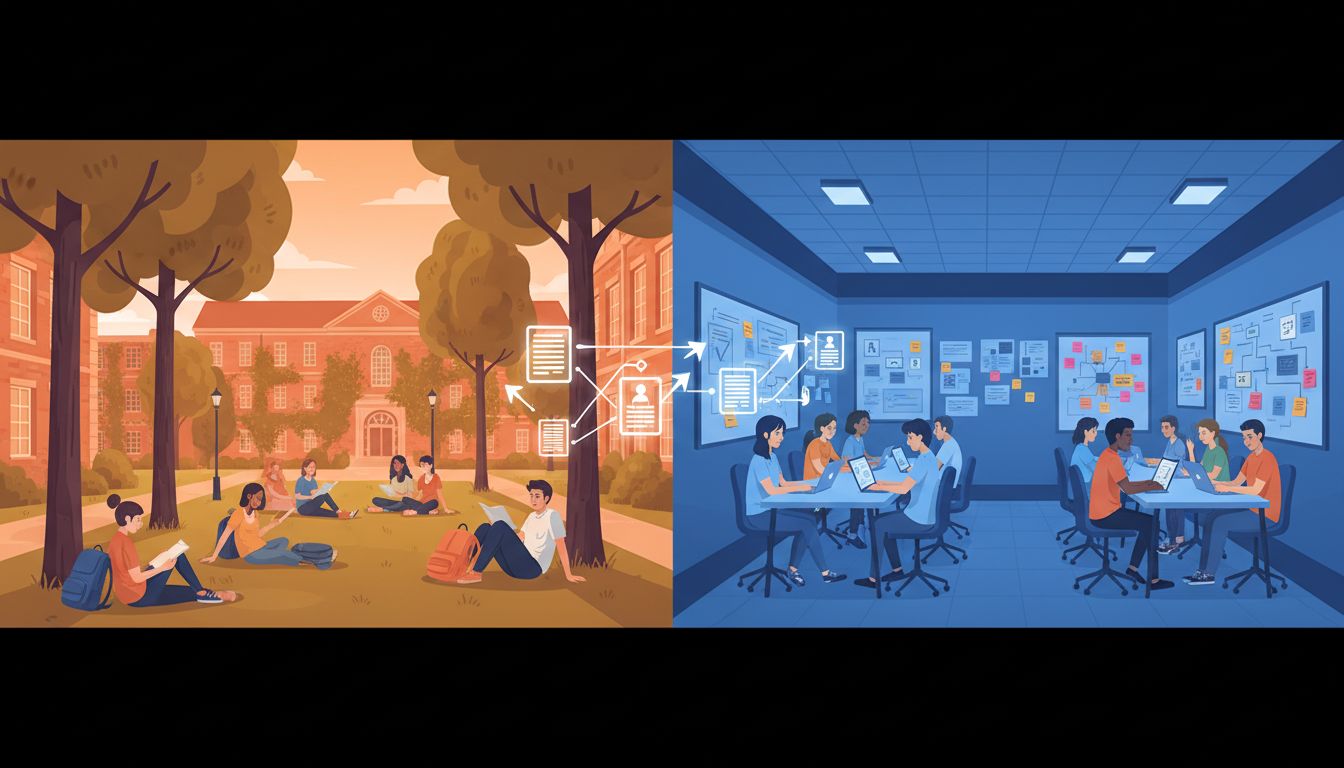 University campus contrasted with an intensive bootcamp workspace environment