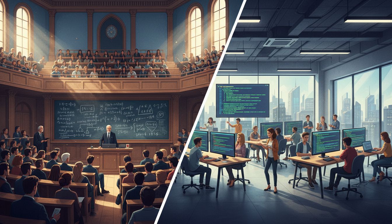 Split view of a university lecture hall versus a modern coding bootcamp classroom