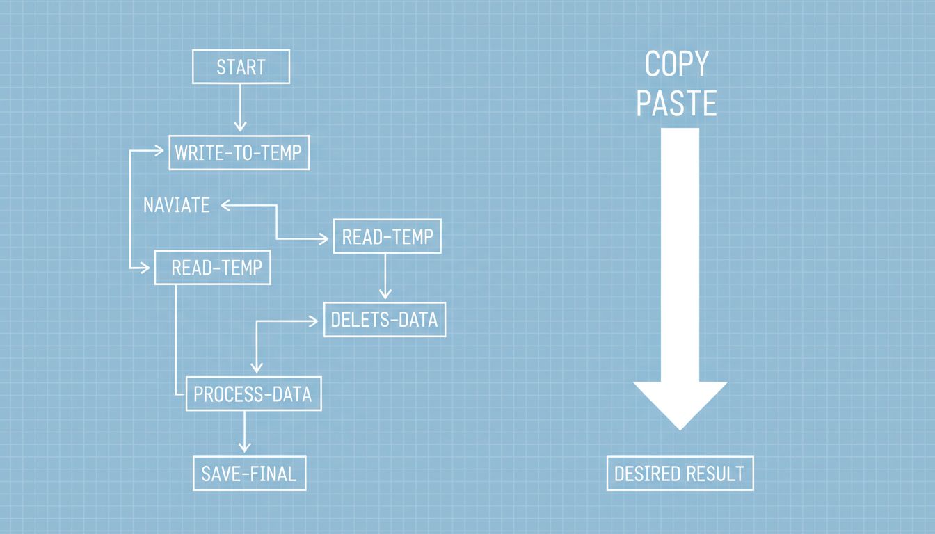 Diagram comparing a multi-step command-line text duplication workflow against the simple two-step copy-paste model, showing identical outcomes