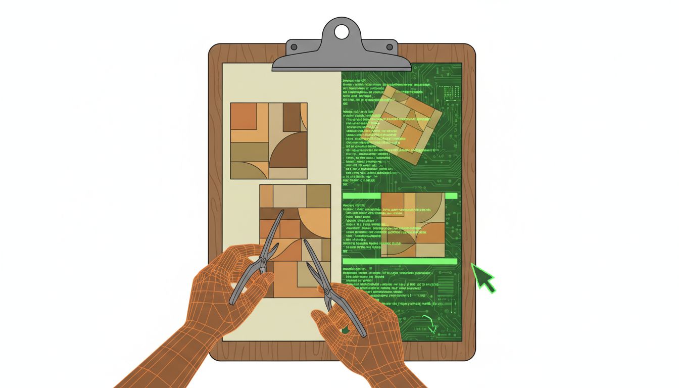 Illustration of a clipboard half as physical paper, half as digital terminal text, representing the copy-paste metaphor bridging physical and digital editing