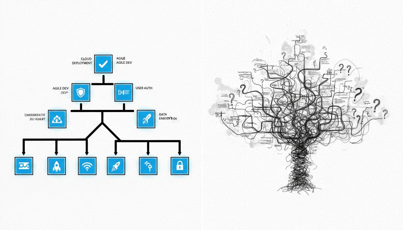 Two decision trees: constrained choices produce clear outcomes, abundant choices produce complexity