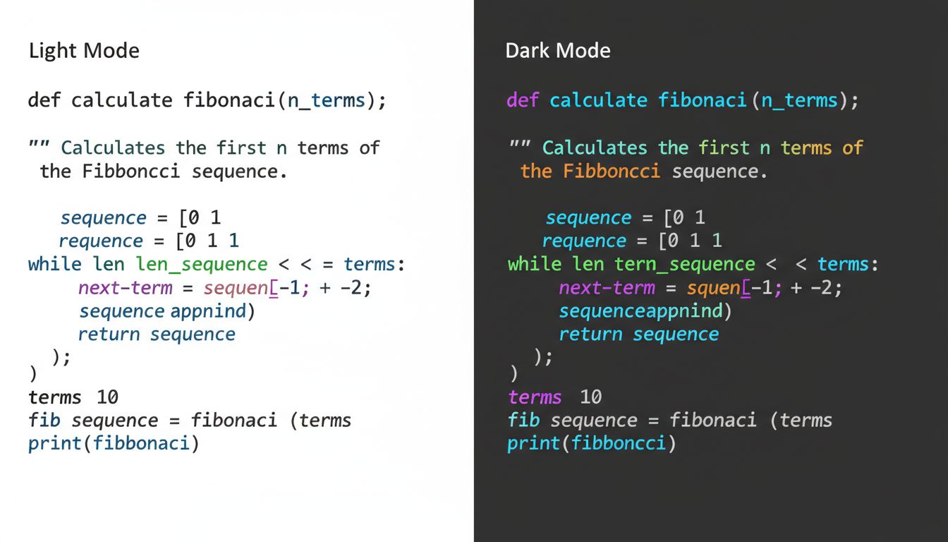 Side-by-side comparison of code in light mode versus dark mode showing color saturation difference