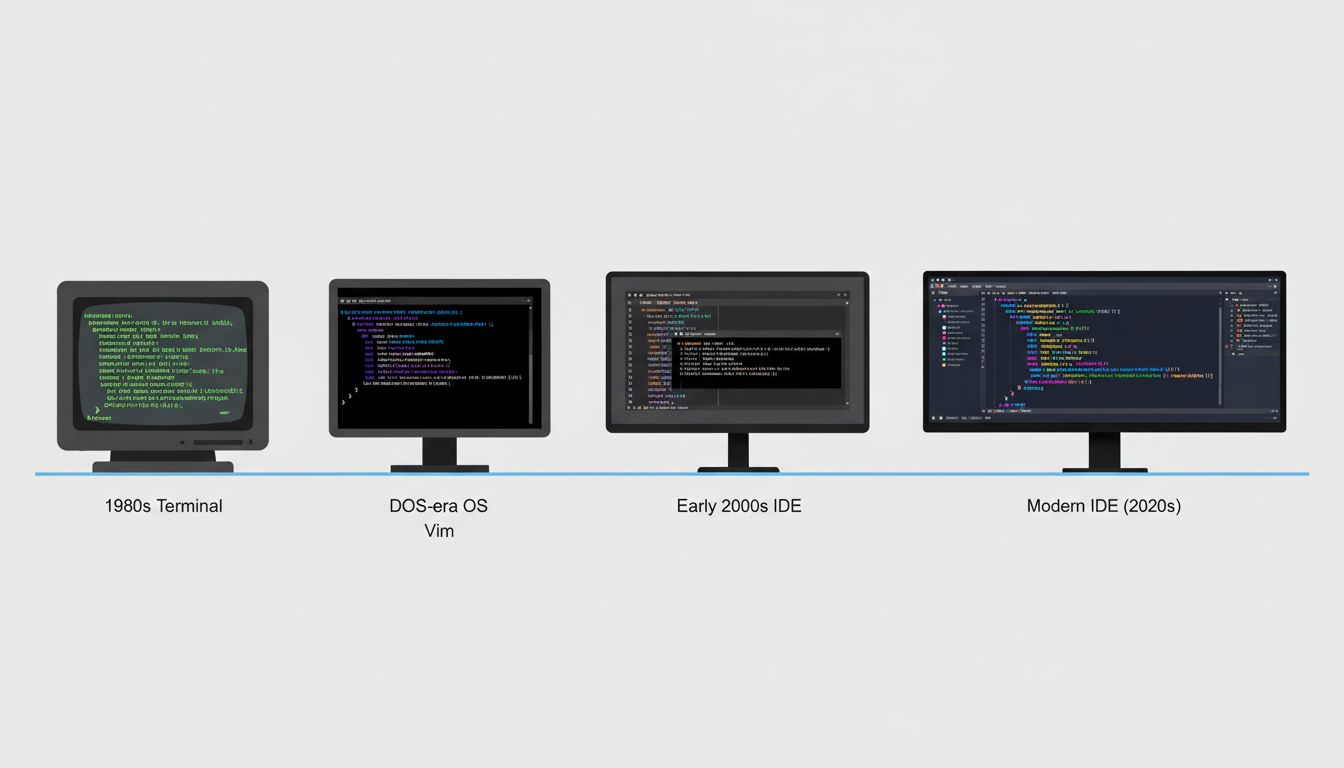 Timeline showing evolution of dark mode interfaces from 1980s terminals to modern IDEs