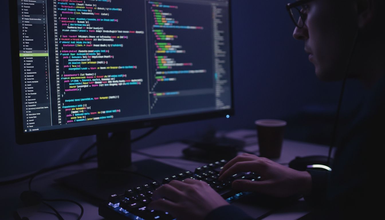 Developer coding in a dark-themed IDE with colorful syntax highlighting on a dark background