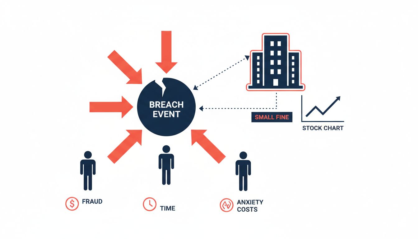 Diagram showing how breach costs flow heavily to individuals and minimally to corporations