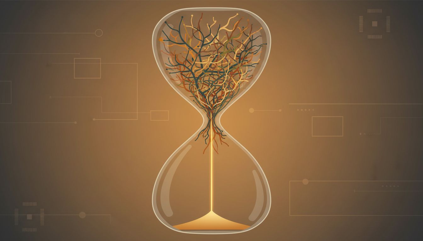 An hourglass where many branching paths narrow into one clear line