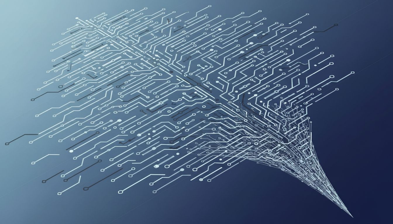 A branching decision tree collapsing into a single inevitable point