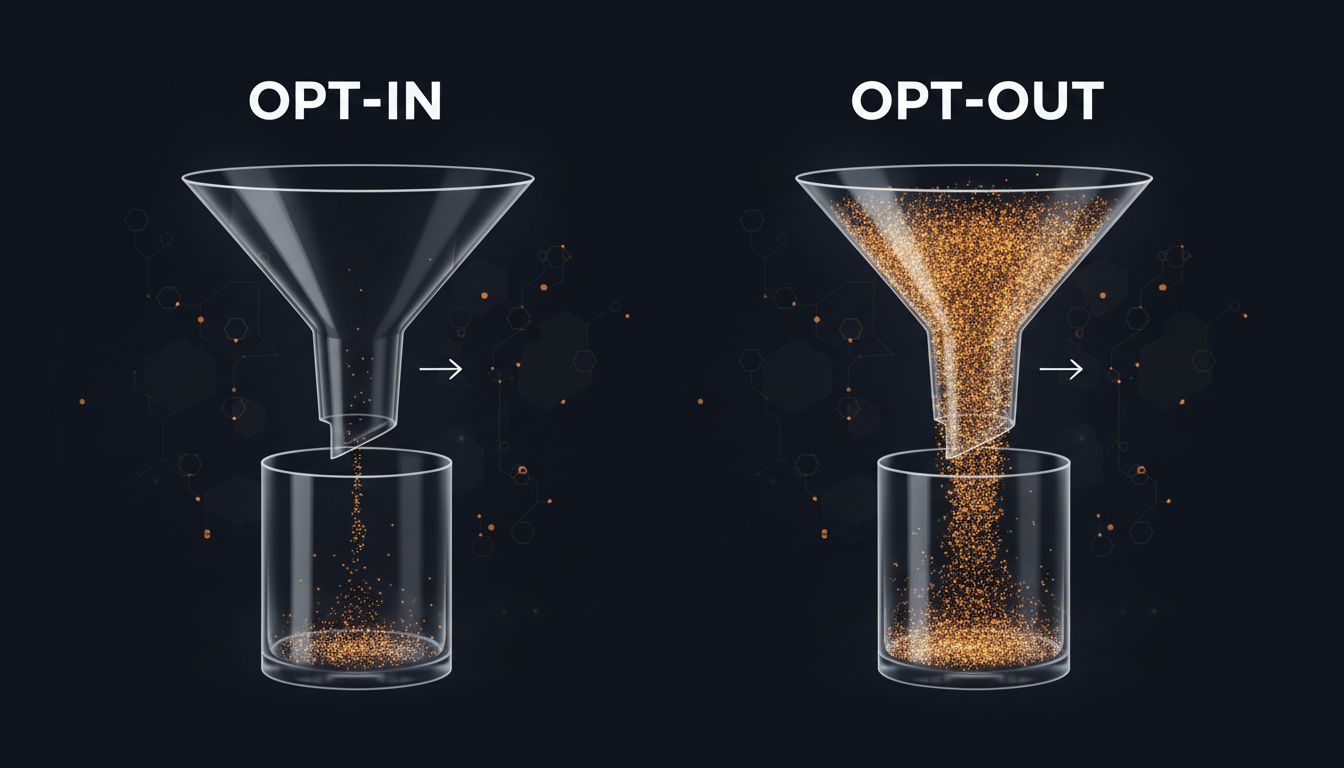 Two funnels comparing opt-in versus opt-out participation rates, showing dramatically higher throughput for opt-out defaults
