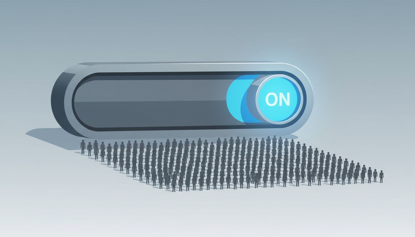 A large toggle switch set to ON, with many small human figures arranged below it, suggesting mass behavioral influence through a single setting