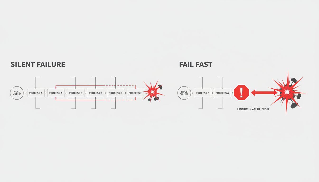 Side-by-side flowcharts comparing silent failure propagation versus fail-fast error detection at the point of origin