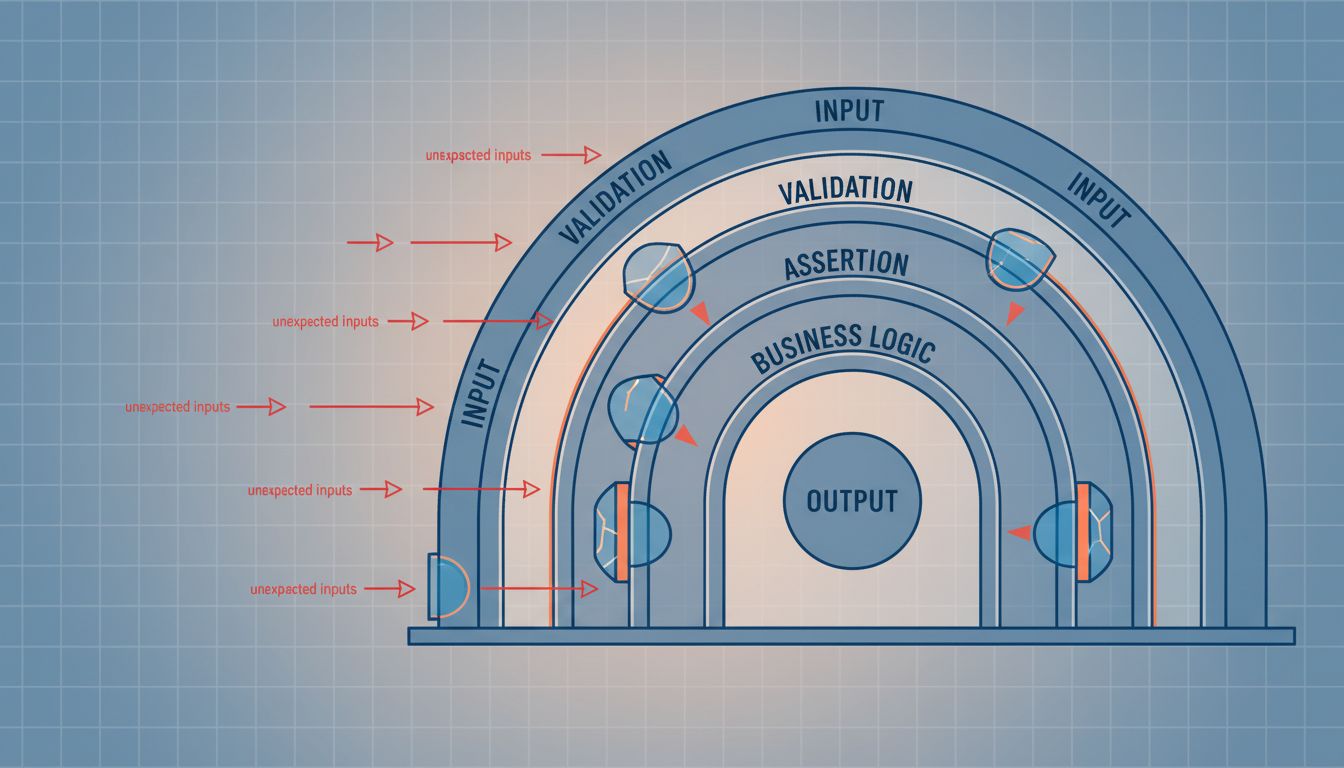 Diagram showing layered defensive checks in a software system stopping unexpected inputs at each boundary