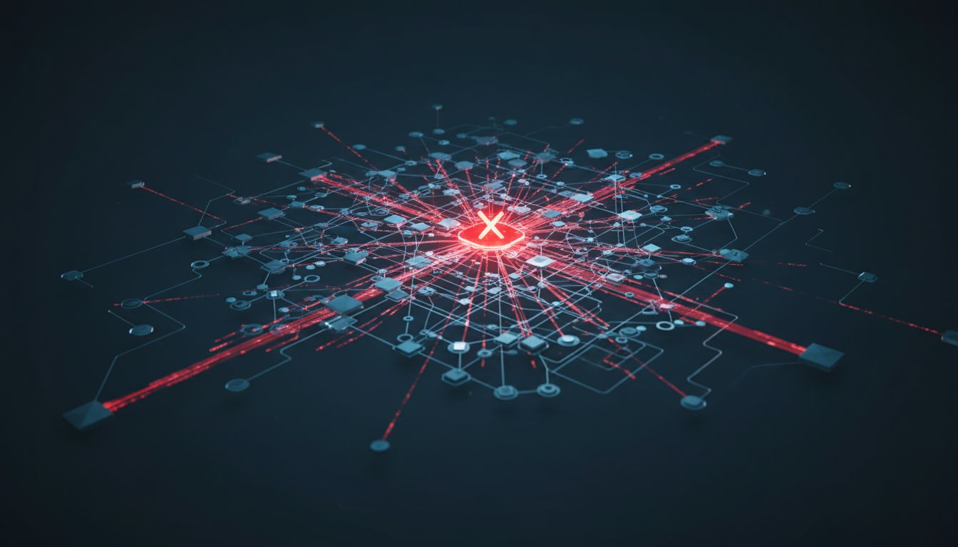 Abstract dependency graph with one node marked for deletion, showing how many connections it has to other nodes