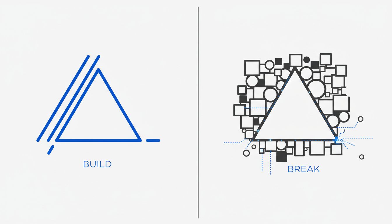 Diagram contrasting the clean process of building a feature with the complex interconnected reality of removing one