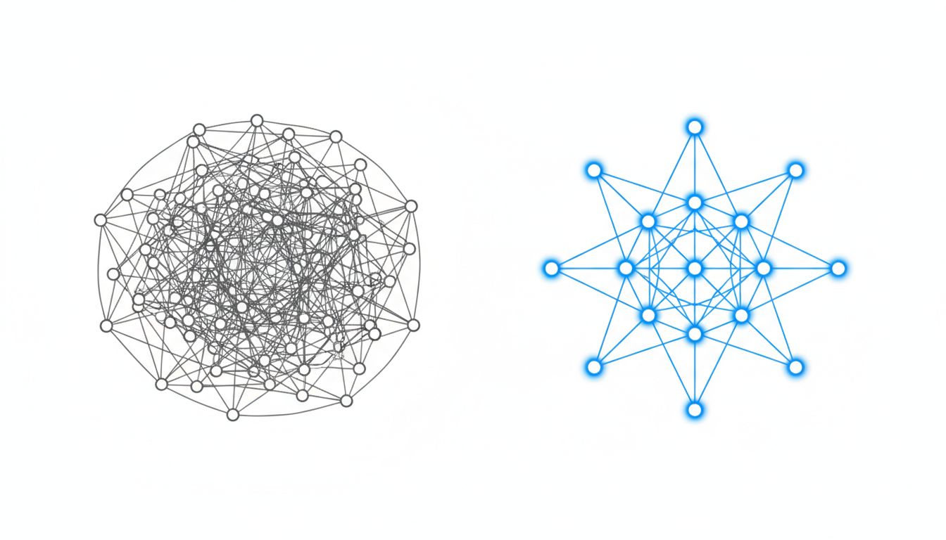 Diagram comparing a dense, highly connected node graph to a sparse, simpler one with fewer connections