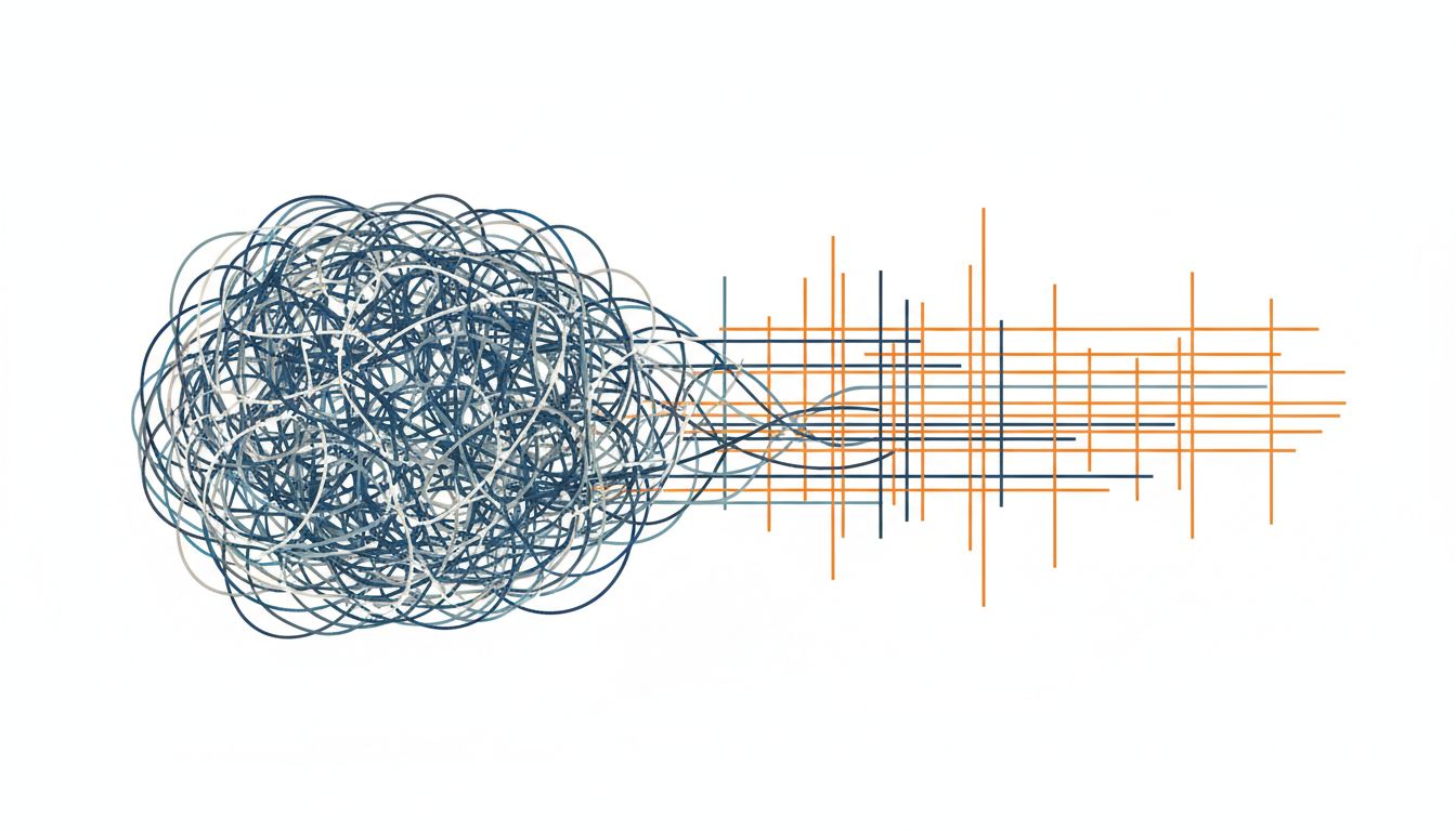 Abstract illustration contrasting tangled, complex code structure with a clean, simplified one