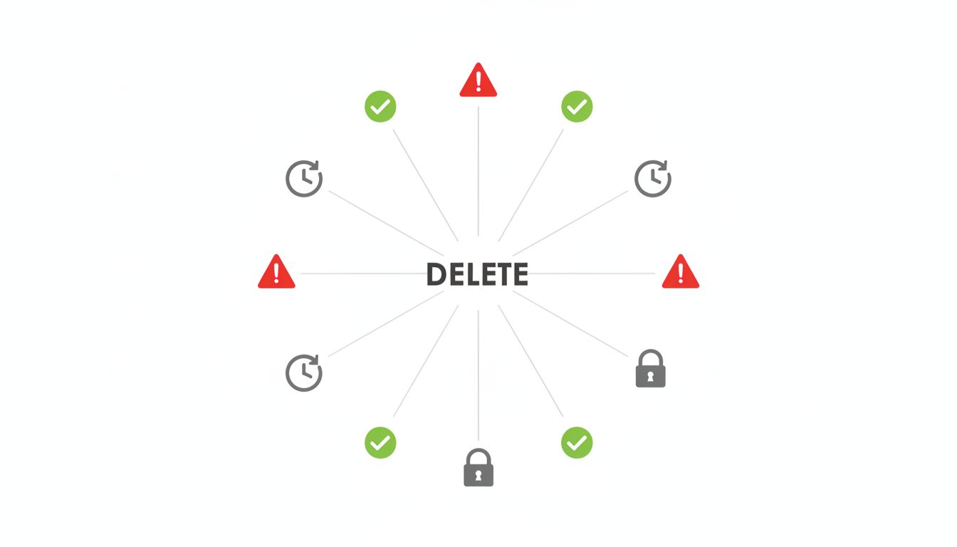 Diagram illustrating how a single delete operation fans out into multiple downstream systems with inconsistent resolution states