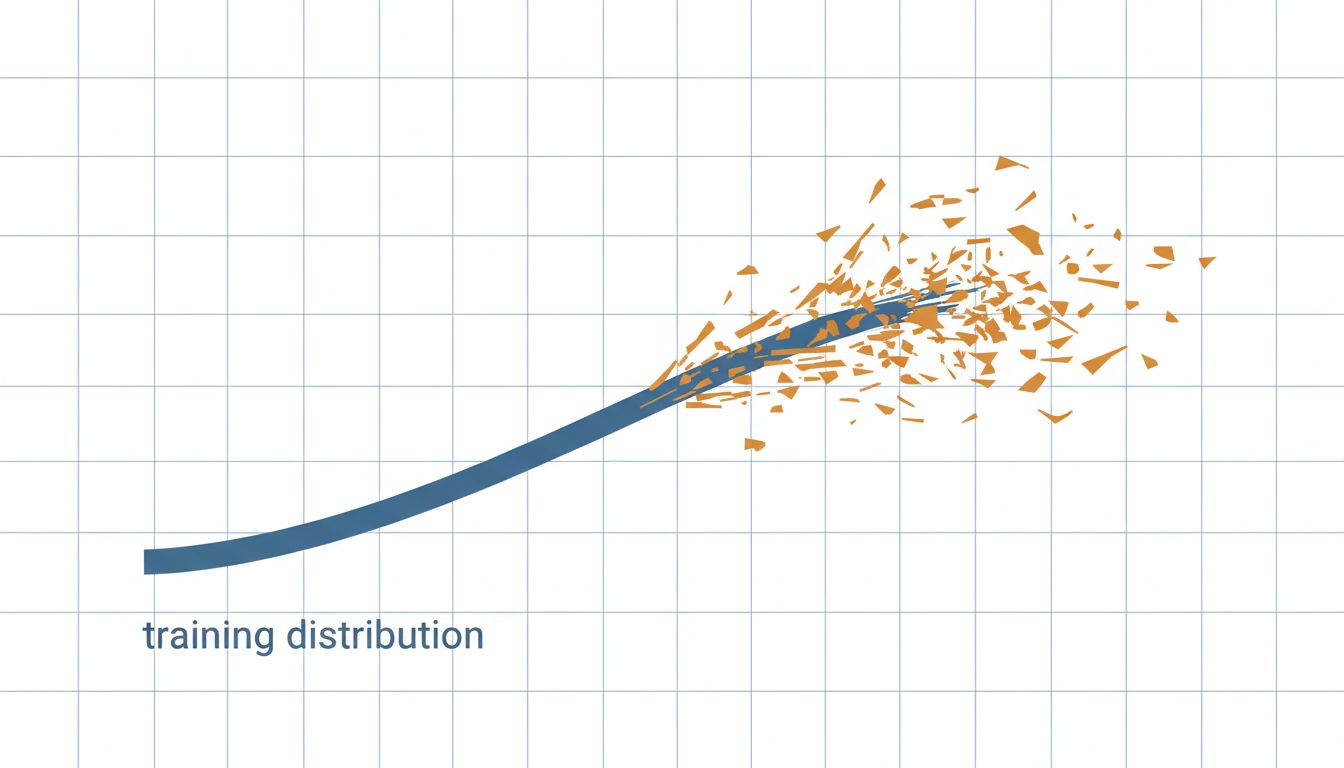 Two curves diverging over time, representing the gap between a model's training distribution and real-world production data