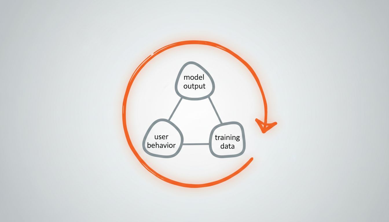 Circular feedback loop diagram connecting model outputs, user behavior, and training data