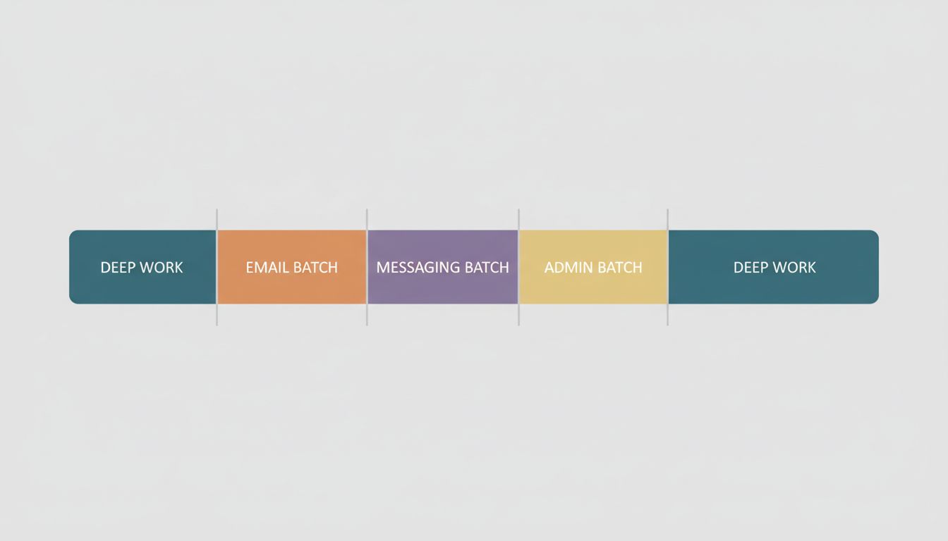 A simple timeline diagram showing a batched workday with labeled focus and communication windows