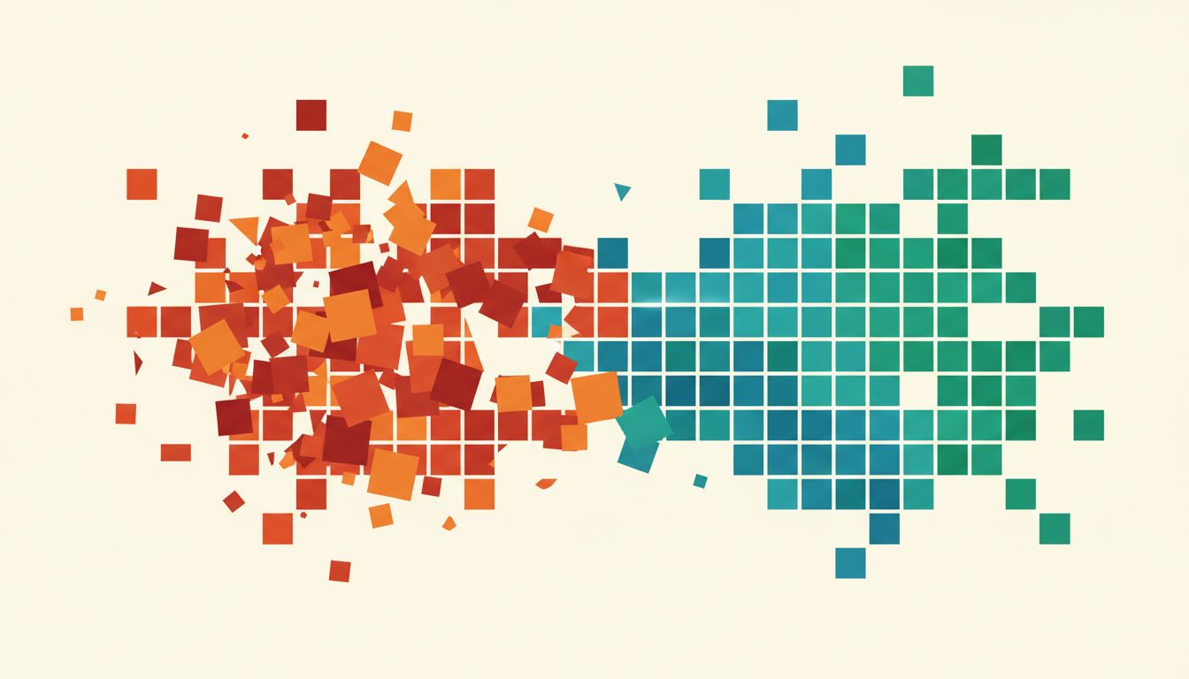 Abstract illustration contrasting fragmented scattered time blocks with organized grouped blocks