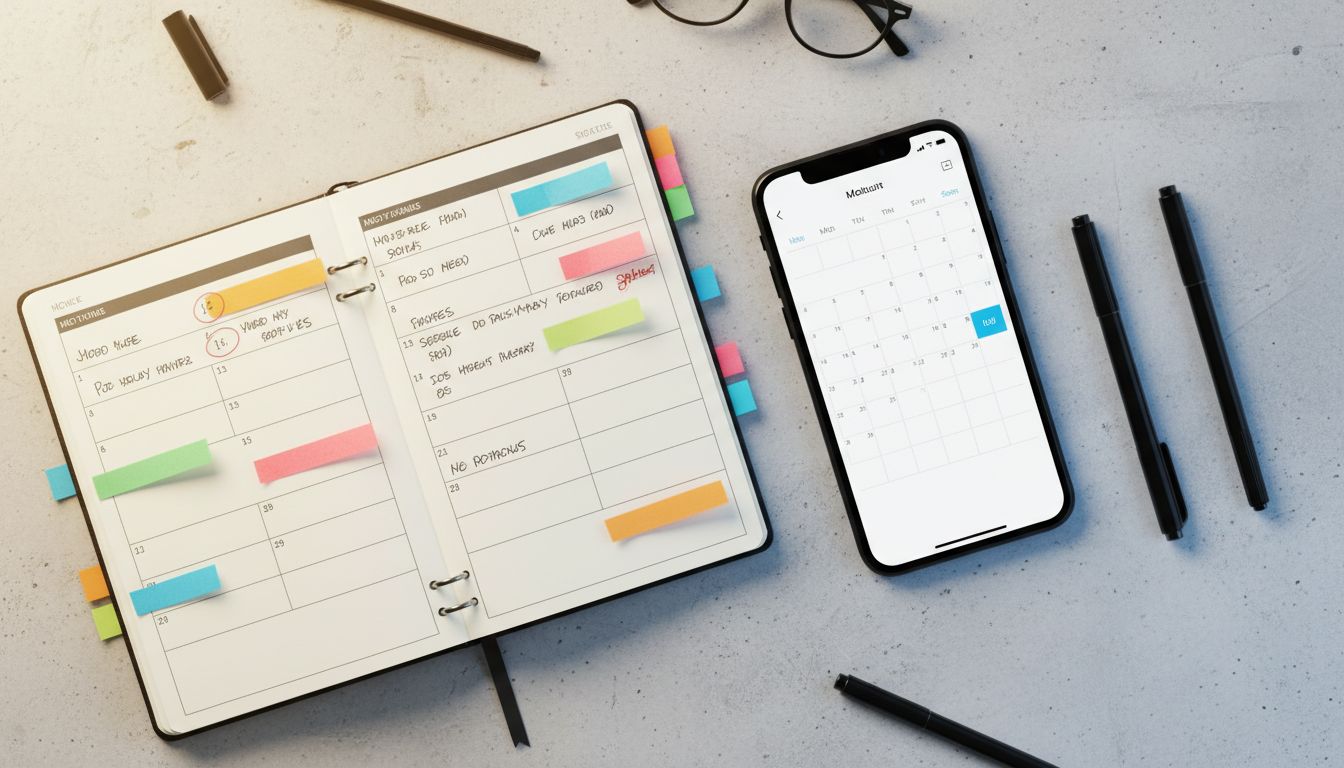 Paper planner with handwritten notes beside a smartphone showing a digital calendar