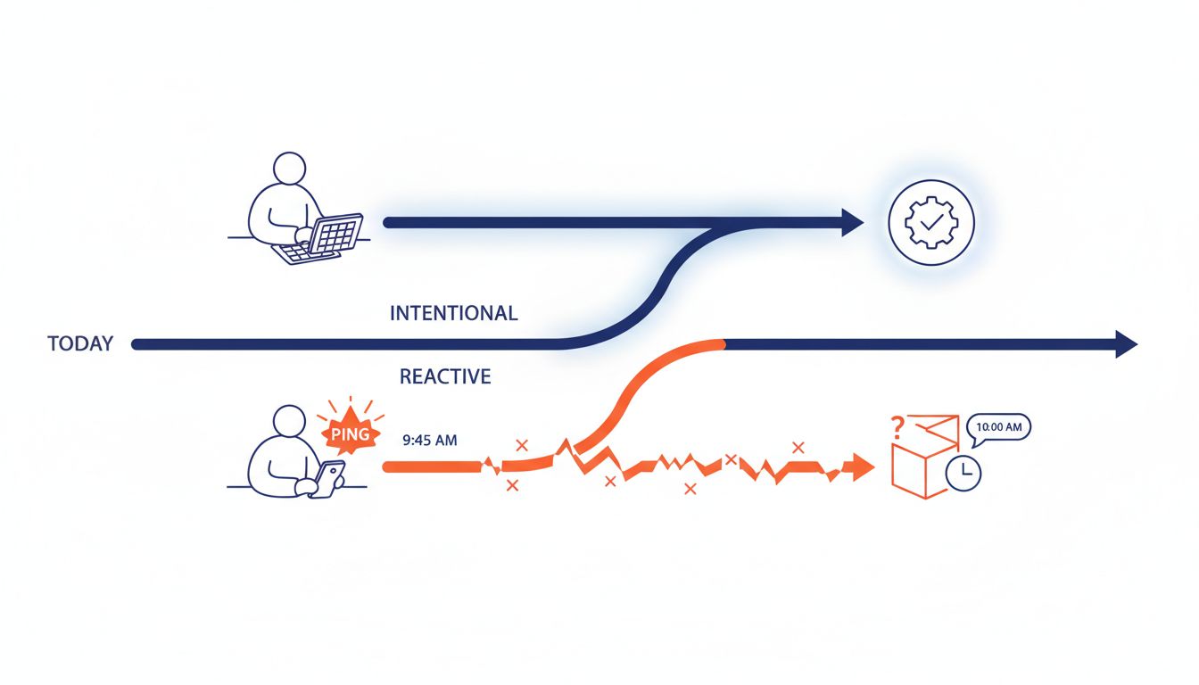 Diagram comparing intentional planning from a paper planner versus reactive notification-driven scheduling