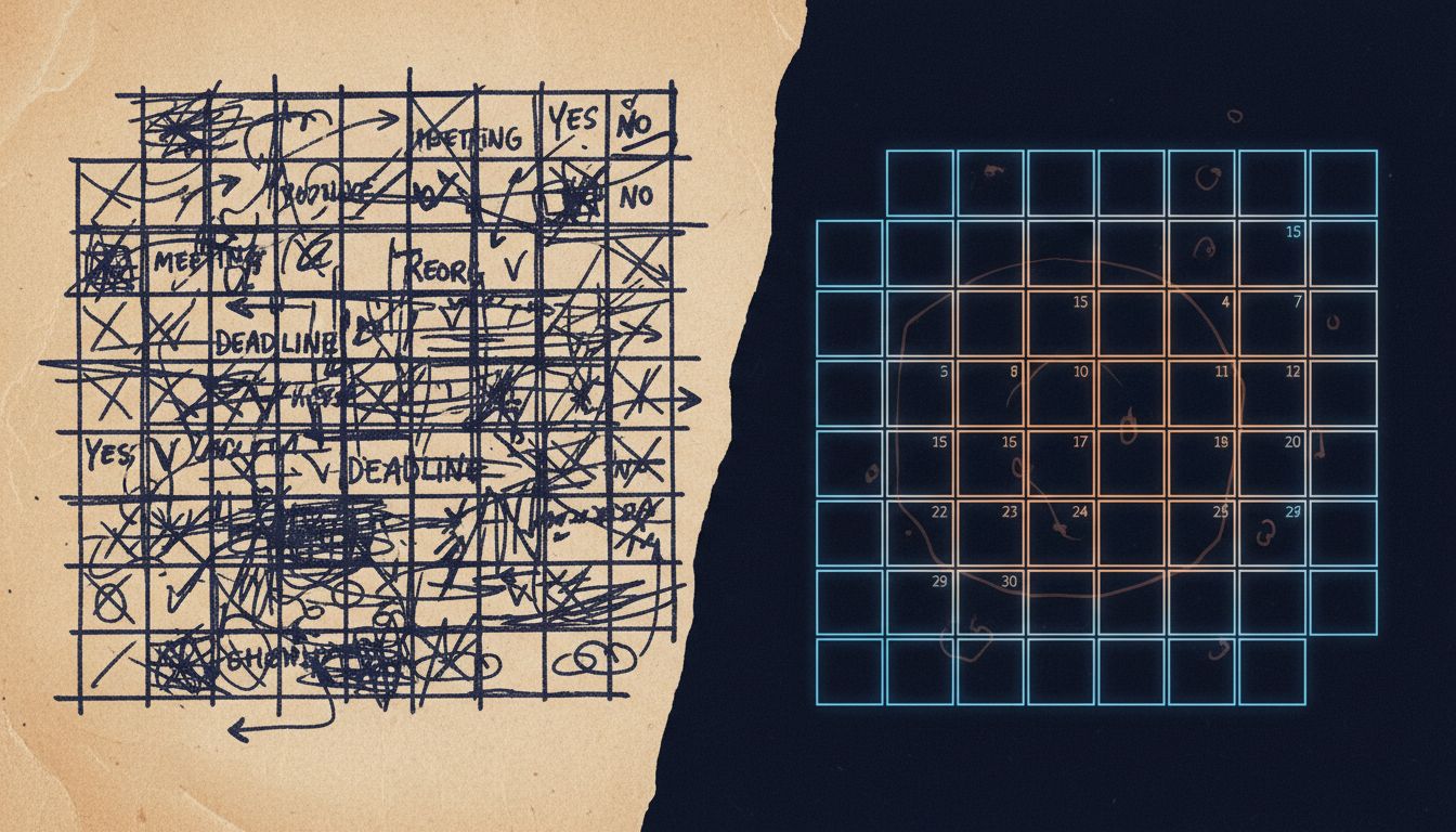 Illustration contrasting a dense paper planner with a clean but hollow-looking digital calendar